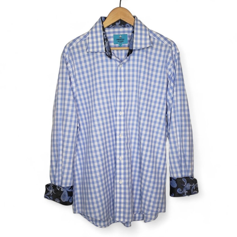 Christian Aujard Check Gingham Plaid Dress Shirt Men Paisley Flip Cuff Preppy XL